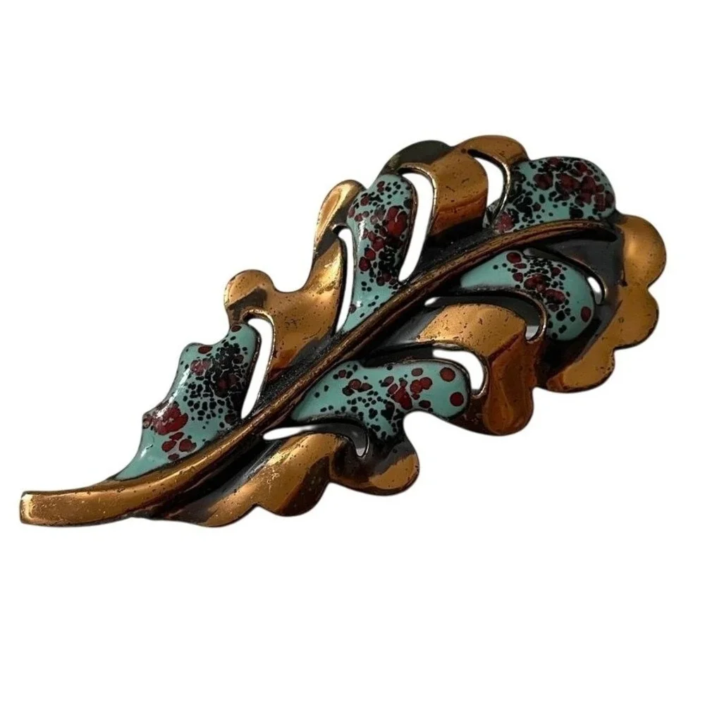 ❗️FINAL SALE❗️ Copper Green Enamel‎ Leaf Brooch Pin Floral Jewelry Pin